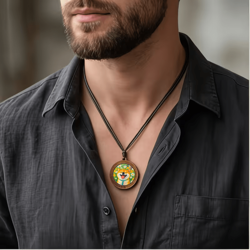 Shiba Inu Necklace with Wood Beads, Adjustable Cord